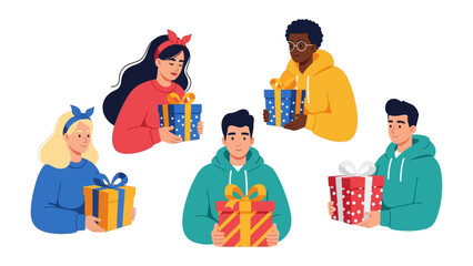 Gift Giving Circle: Five diverse individuals, each clutching a vibrantly wrapped present, form a dynamic circle of anticipation and generosity, embodying the spirit of sharing. 