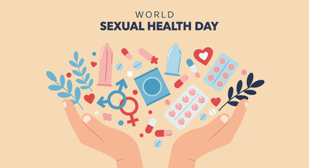 Vector illustrations of various sexual health tools and hands, flat vector illustration design