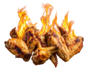 Spicy grilled chicken wing with flaming hot sauce, crispy skin, and smoky flavor, perfect for party appetizer or extreme food challenge, isolated on transparency background
