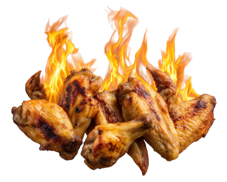 Spicy grilled chicken wing with flaming hot sauce, crispy skin, and smoky flavor, perfect for party appetizer or extreme food challenge, isolated on transparency background