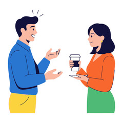 Sharing Coffee Moment: Illustration of a moment of connection between a man and woman, exchanging pleasantries alongside a coffee.