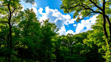 Fototapeta premium Summer sun shines through the leaves of a tall forest tree, illuminating a grassy field under a bright blue sky
