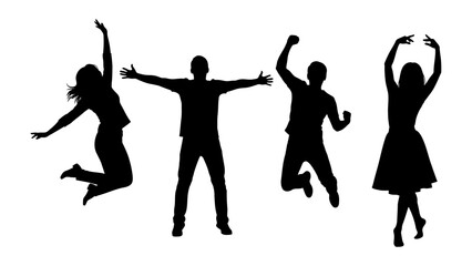 Silhouette Group in Dynamic Poses: A dynamic group of people captured in silhouette, leaping and posing in joyful celebration. It portrays energy, freedom, and collective movement.