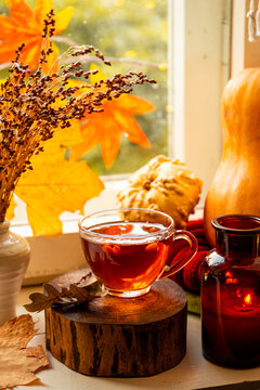 Mug of hot tea with sea buckthorn and autumn decorations on the autumn window. Autumn and fall cozy vertical postcard