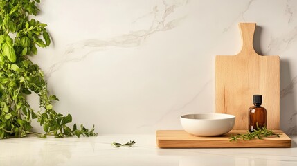 A clean, minimal kitchen setup showcases a wooden board, bowl, and various utensils, creating an inviting space for culinary creativity