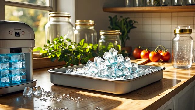 Automatic ice cube maker machine producing fresh ice cubes in bright modern kitchen with glass jars and vegetables
