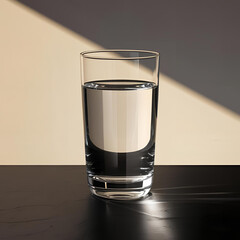 Clear glass of water on a black background with sunlight reflections, minimalistic still life, bright highlights and soft shadows