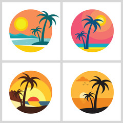 Fototapeta premium Tropical Sunset Beach Logo with Palm Trees | Summer Vacation Vector Design 