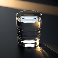 Clear glass of water on a black background with sunlight reflections, minimalistic still life, bright highlights and soft shadows