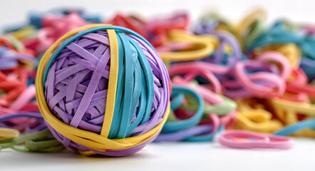 Coloured rubber band ball beside a disorganized pile