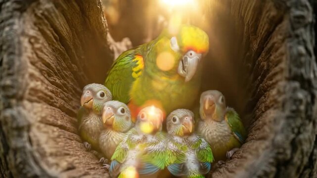 A Blue-Headed Parrot and Her Babies in a Nest
