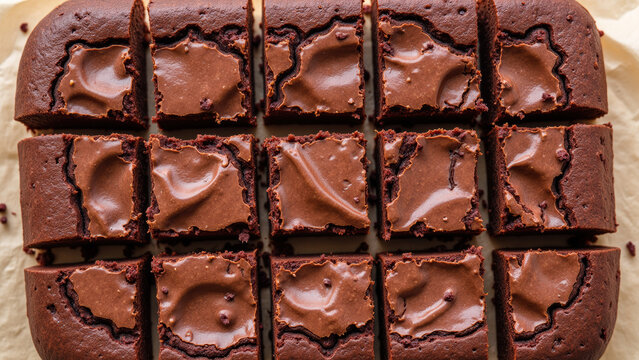Delicious chocolate brownies cut into squares, showcasing rich, fudgy texture and glossy topping, perfect for dessert lovers
