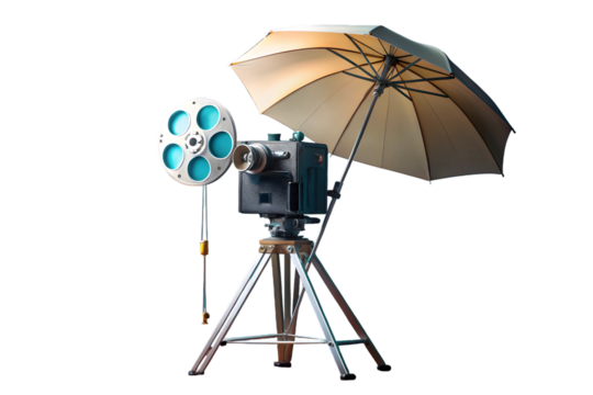Film projector under umbrella 3d rendering isolated on transparent background