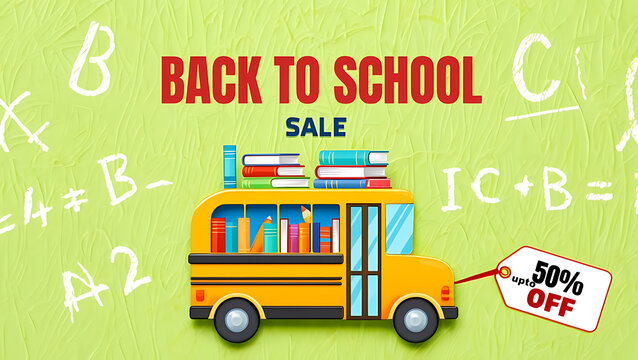 Exciting Back to School Sale with a vibrant yellow bus packed with books and a 50% off tag - Powered by Adobe