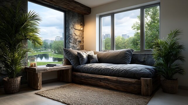 A realistic high-definition photo of a dual-purpose guest and office room with sleeper sofa.