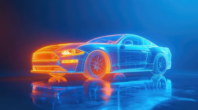 Futuristic car, glowing wireframe