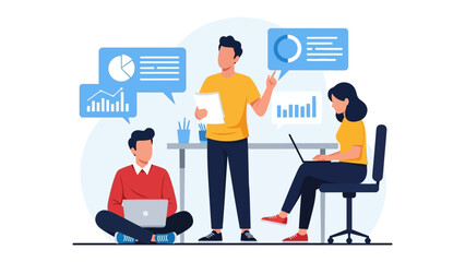 Business Brainstorm: An illustration of business team working collaboratively, exchanging ideas, and analyzing data, symbolizing strategic planning and innovation in a dynamic workplace.