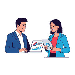 Collaborative Business Insights: A dynamic illustration depicts two colleagues engrossed in a productive discussion, analyzing data on both a tablet and a laptop.