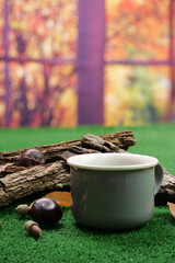 Tazza con bevanda calda in ambientazione autunnale