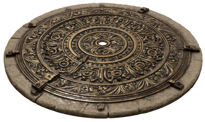Fototapeta premium Ornate circular metal plate set in stone