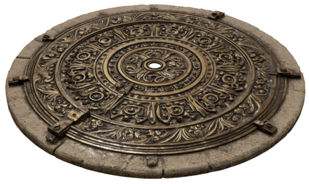 Ornate circular metal plate set in stone
