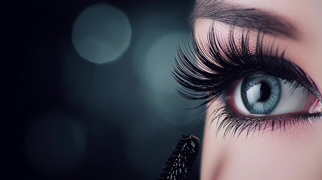 Close-up of a woman applying mascara, showcasing the intricate details of her eyelashes and eye, emphasizing beauty and elegance in a seamless motion sequence