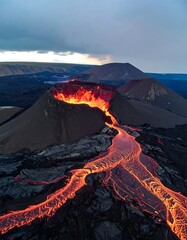 Volcanic eruption, lava flows from a crater