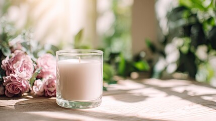 Burning candles in glass jars on rustic wooden tables, vintage style, laid flat, illuminated by sunlight – calmly meditating or relaxing, banner models with blank text spaces.