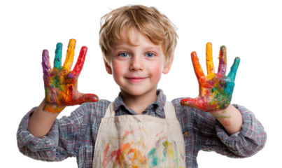A child with colorful paint-covered hands