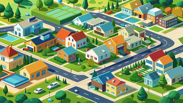 The neighborhood development displays balanced geometry, winding paths, clustered homes, peaceful blocks, sunlight reflections, patterned gardens, colorful roofs, welcoming atmosphere, serene living, 