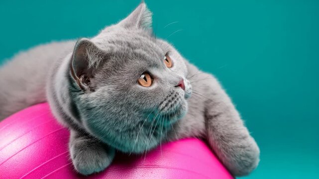 British shorthair cat resting on a pink exercise ball, looking relaxed and adorable