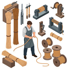 Isometric vector illustration of a rope maker artisan at work, using traditional tools to twist fibers and create rope
