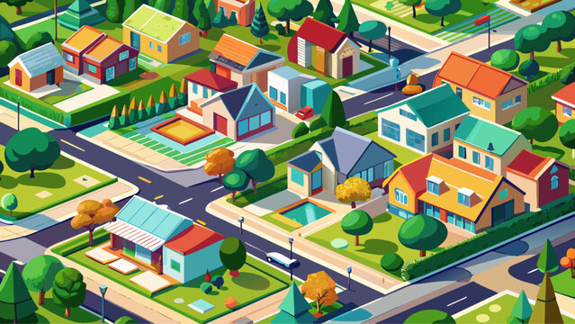 The neighborhood development displays balanced geometry, winding paths, clustered homes, peaceful blocks, sunlight reflections, patterned gardens, colorful roofs, welcoming atmosphere, serene living, 