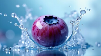 Fresh blueberry splashing into clear water creating dynamic splash and droplets for healthy food photography