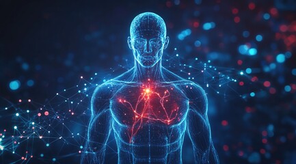 3D human anatomy, glowing heart