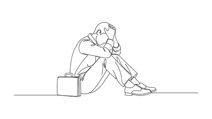 Line Art: Despair in the Business World: A monochrome line art illustration depicts a despondent businessman hunched in defeat beside his briefcase.