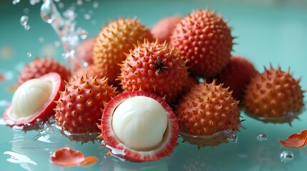 Refreshing lychees splash fresh water macro close-up healthy exotic fruit photography