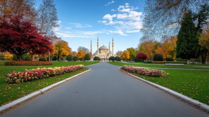 Naklejka premium A stunning Ottoman mosque complex features a blue dome, white walls, and tall minarets, set against a clear sky and surrounded by lush greenery