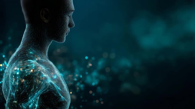 A man's body is shown in a computer generated. Abstract conceptual silhouette of human body with glowing microbiome particles and data overlay,gut microbiome test, sci-tech blue teal