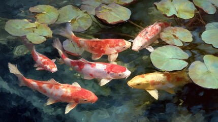 Obraz premium Vibrant koi fish swim gracefully in tranquil pond water surrounded by green lily pads. Colorful carp glide peacefully under warm sunlight.