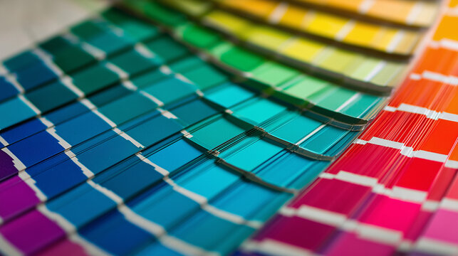Colorful swatch catalog features color palette Pantone guide close up.
