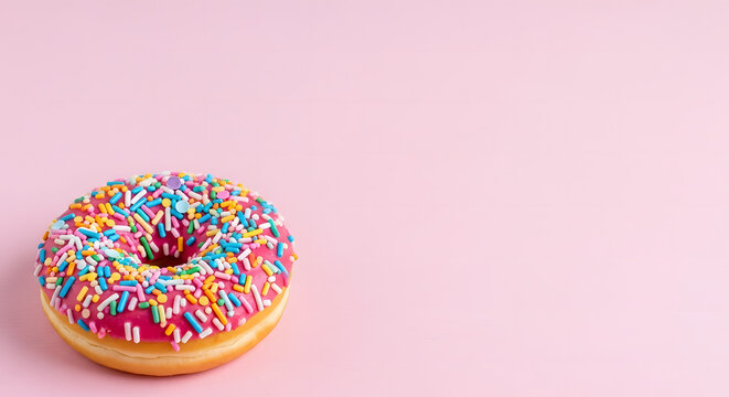 Pink Frosted Donut with Colorful Sprinkles on a Pastel Background