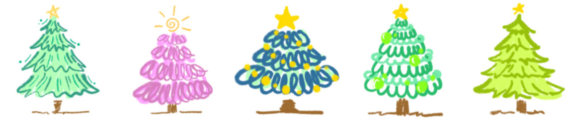 Hand Drawn Christmas Tree Clipart with Stars, Baubles, and Festive Lights