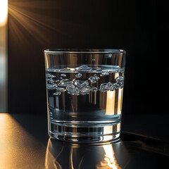 Clear glass of water on a black background with sunlight reflections, minimalistic still life with soft shadows