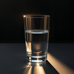 Bright reflections on a glass of water placed on a black background, natural sunlight enhancing a calm and clean composition