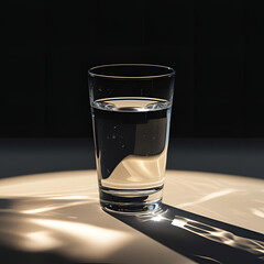 Minimalistic still life of a clear water glass on a black table, sunlight creating highlights and gentle shadows