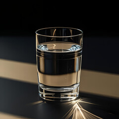 Transparent glass filled with water on a dark surface, illuminated by warm natural sunlight, bright and elegant still life