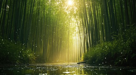 Fototapeta premium Sunlight streams through a bamboo forest