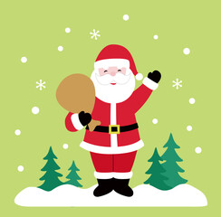 Santa Claus standing in the snow and waving flat vector illustration.
Santa Claus carrying a brown gift bag on his shoulders clipart design.
Good for greeting card, poster, banner, leaflet.

