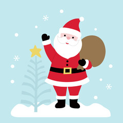 Santa Claus standing in the snow and waving flat vector illustration.
Santa Claus carrying a brown gift bag on his shoulders clipart design.
Good for greeting card, poster, banner, leaflet.
